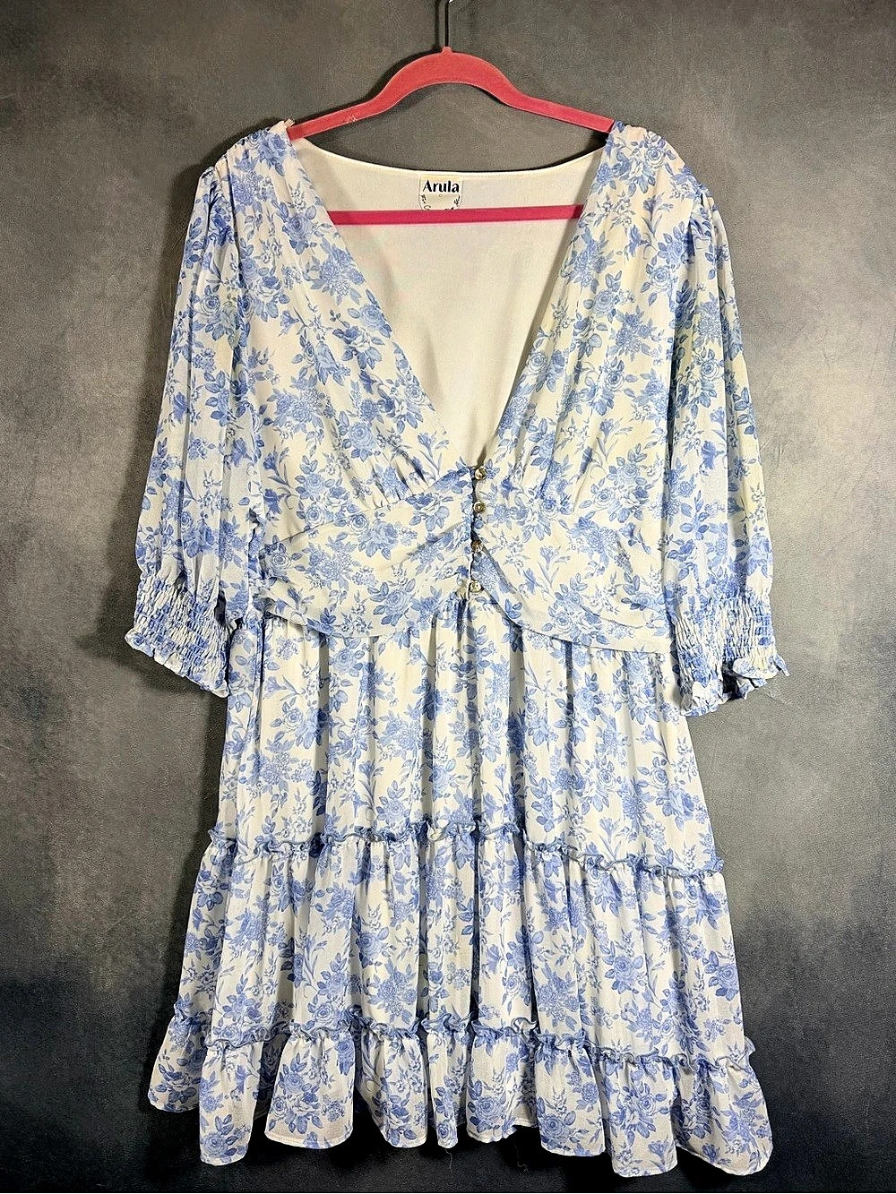 Arula Floral Tiered Midi Dress in Blue & White Like New